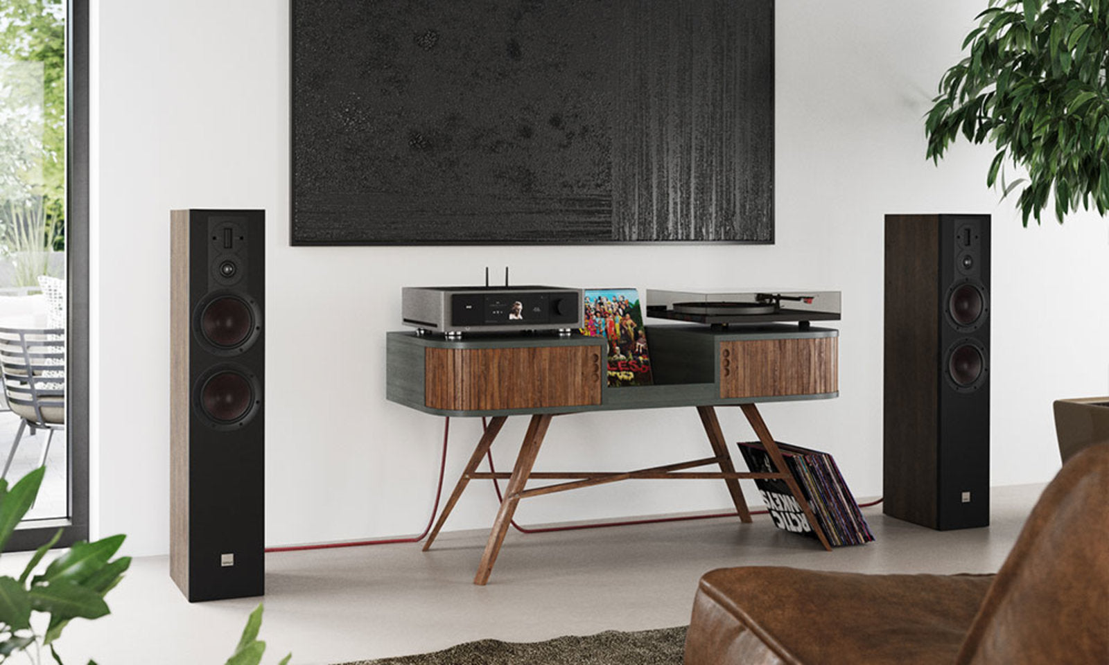 Boxe DALI OPTICON 6 MK2 intr-un living modern cu amplificator si pick-up, seria OPTICON MK2