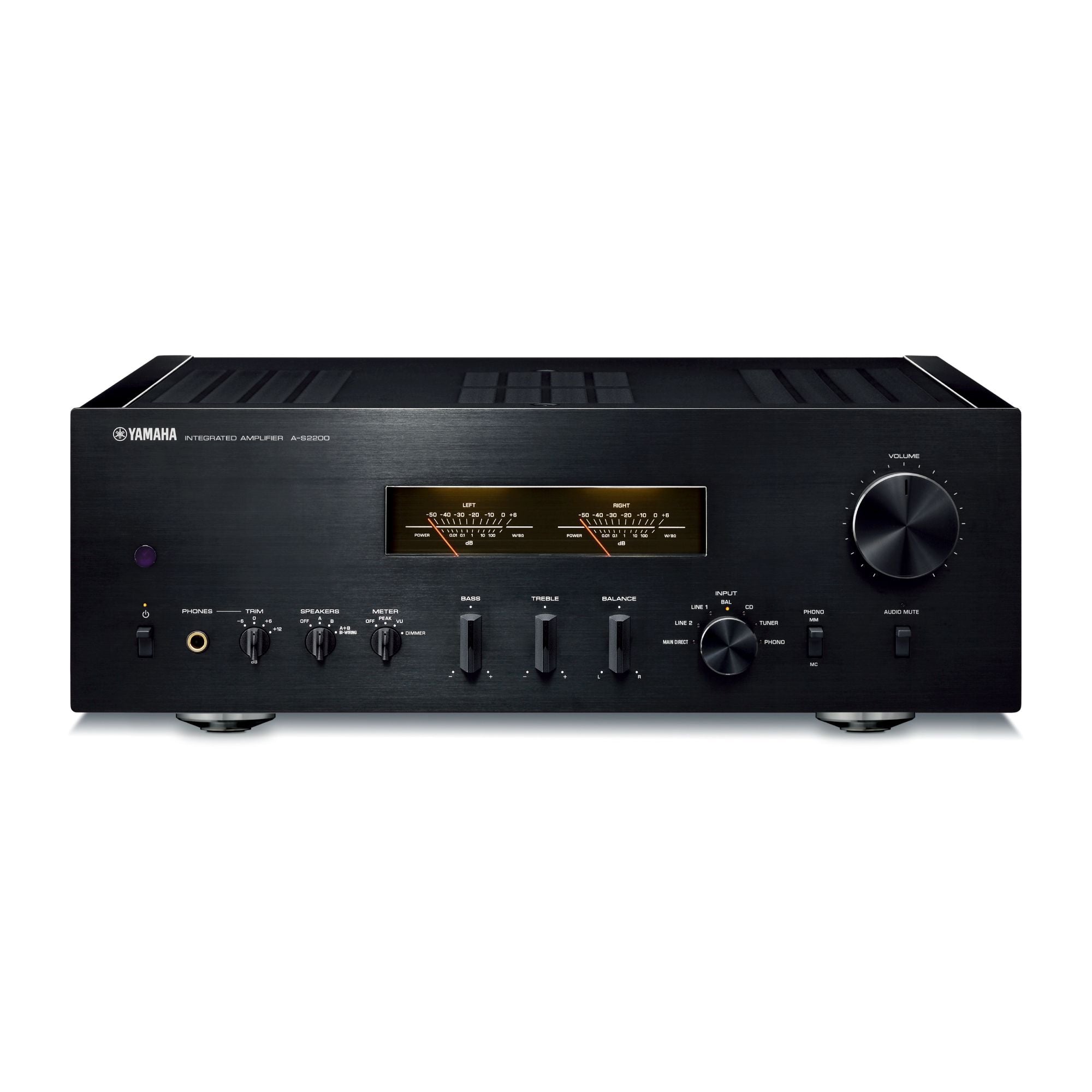 Yamaha A-S2200 Amplificator negru, vedere frontală, afișaj VU, comenzi volum și ton, intrări audio vizibile.#color_black