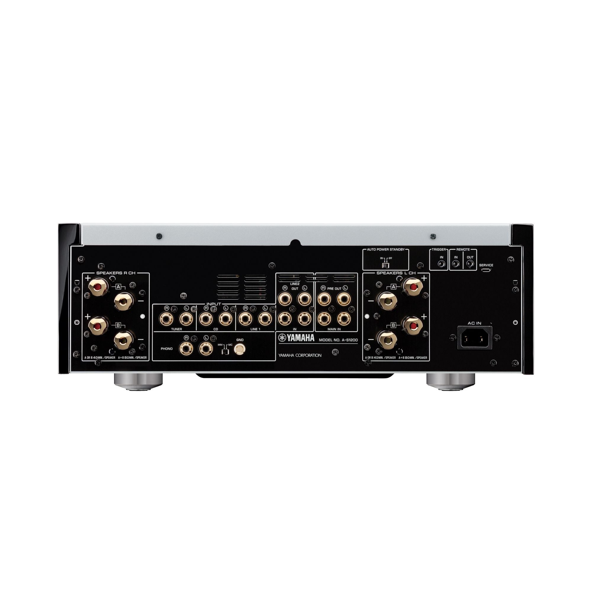 Spatele amplificatorului Yamaha A-S1200, culoare neagră, arată multiple intrări/ieșiri audio și conectori boxe.