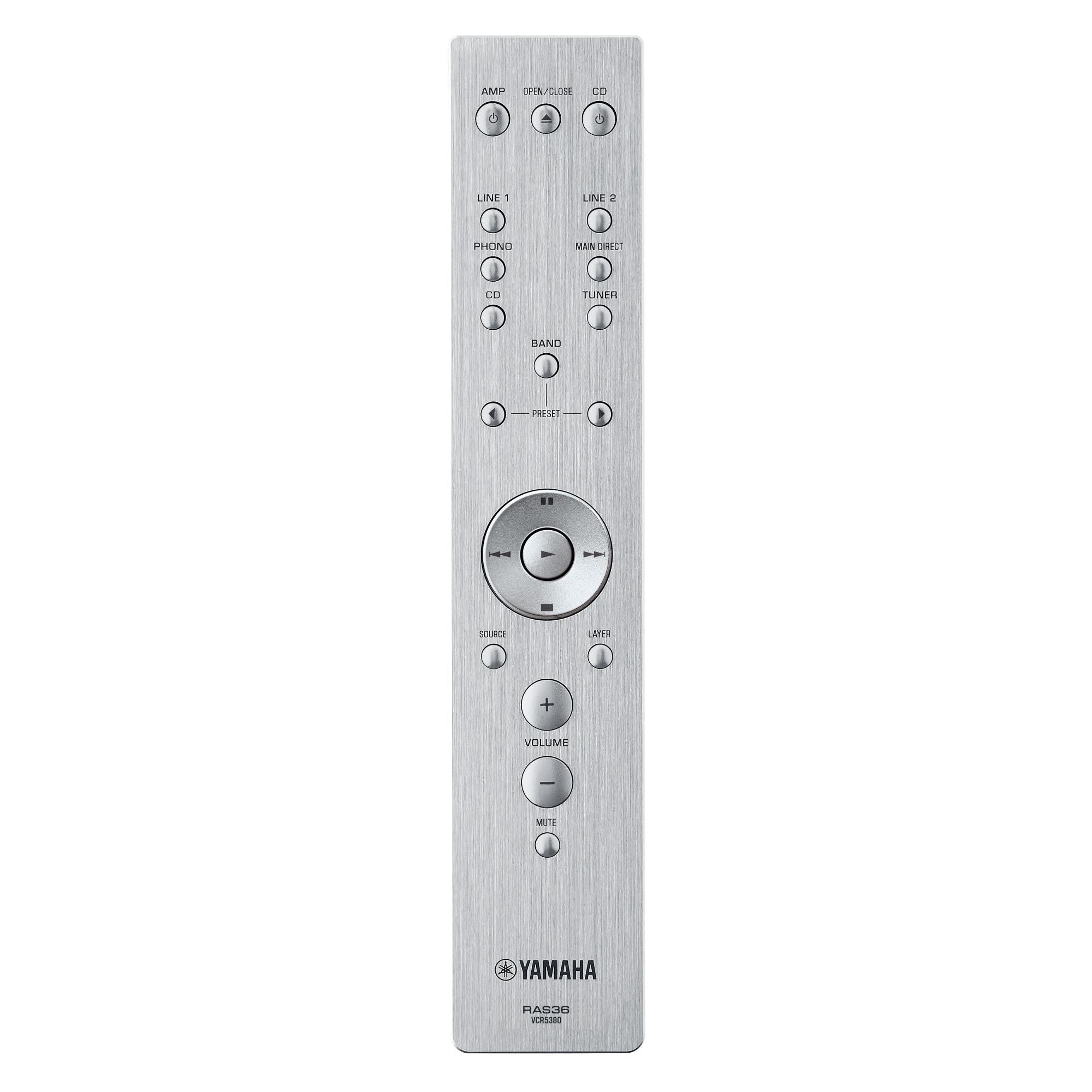 Telecomandă argintie pentru Yamaha A-S1200 Amplificator, butoane funcționale vizibile, vedere frontală.