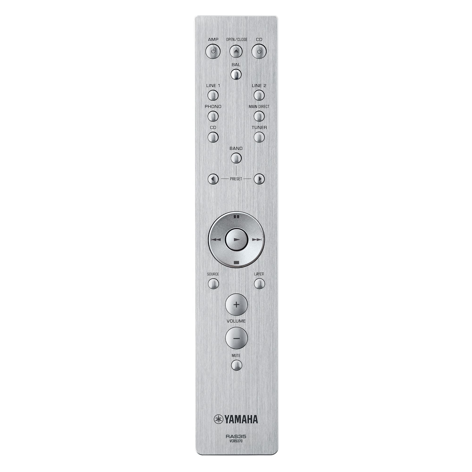 Telecomandă argintie pentru Yamaha A-S2200 Amplificator, afișând butoane de control audio detaliate.