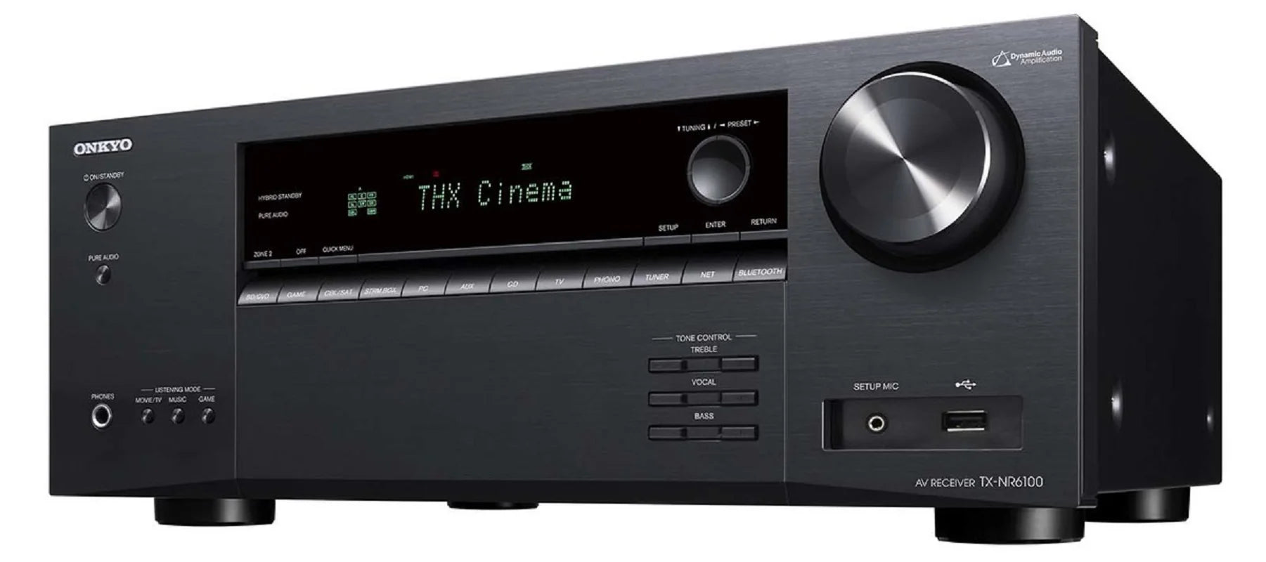 Receiver AV Onkyo TX-NR6100 negru, vedere frontală dreapta, afișaj THX Cinema, butoane și porturi vizibile.
