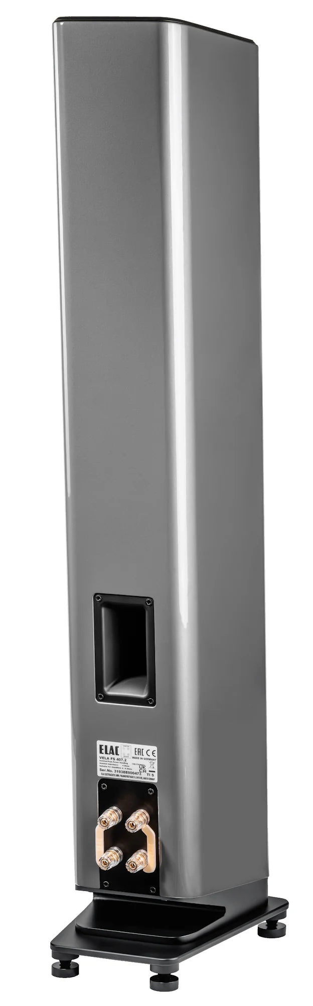 Boxă de podea Elac Vela FS 407.2 gri, vedere din spate cu port bass reflex, conectori bi-wire și placă de bază.