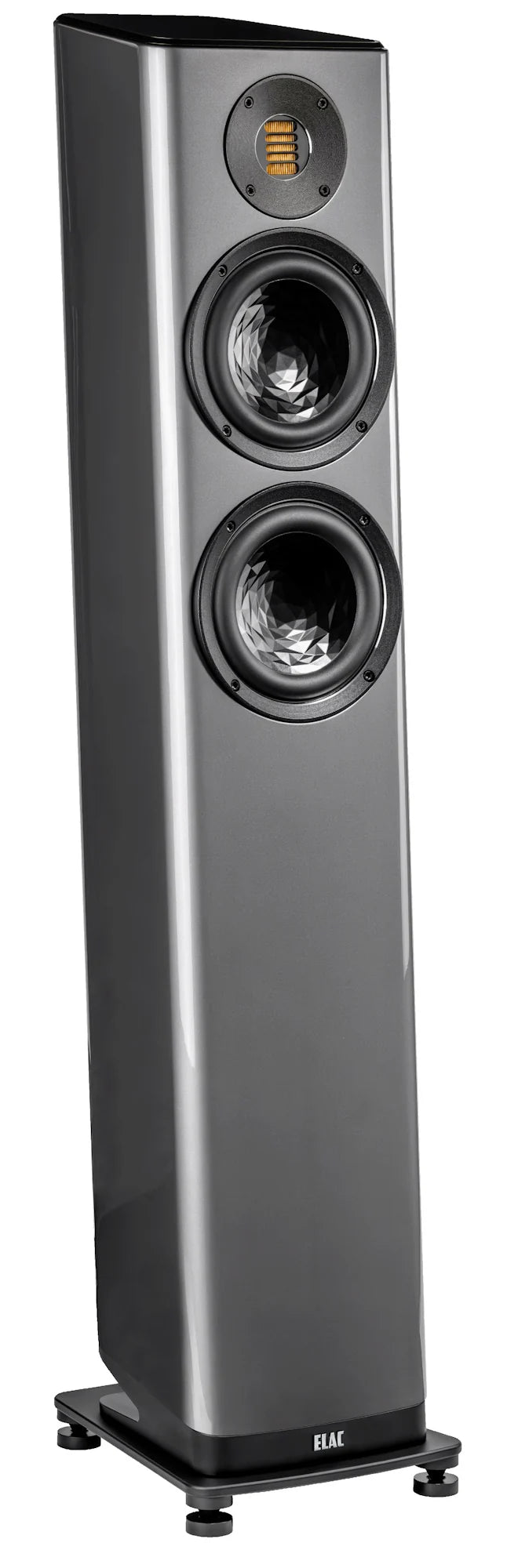 Boxă de podea Elac Vela FS 407.2 gri, vedere frontală, cu două woofere și tweeter vizibile pe panoul față.