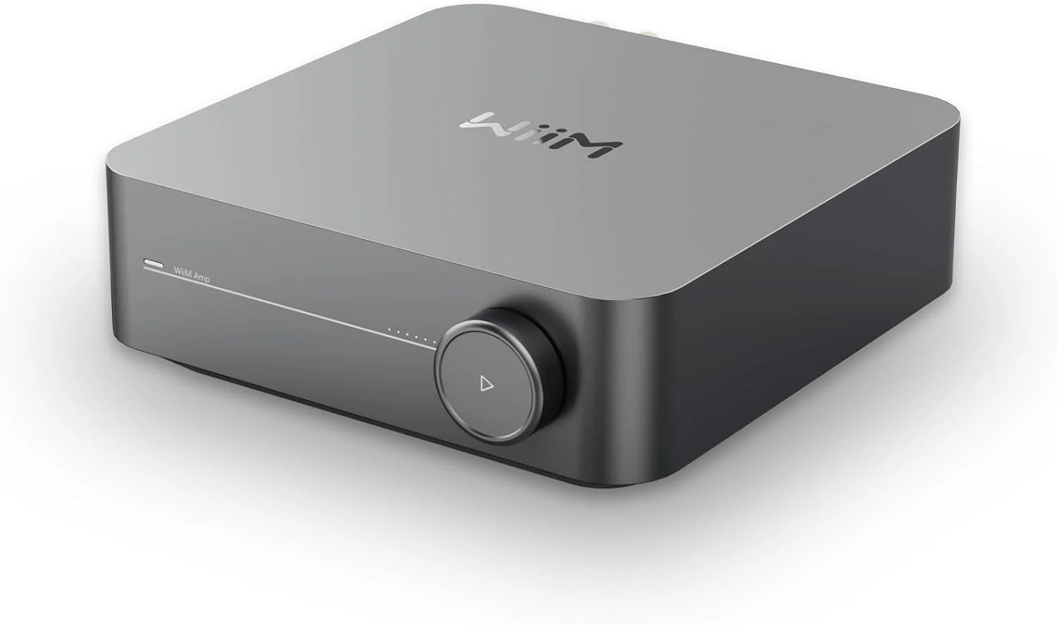 WiiM AMP Amplificator Stereo cu streaming 60W, vedere frontală unghi dreapta, carcasă gri închis, buton volum.#color_ash-grey