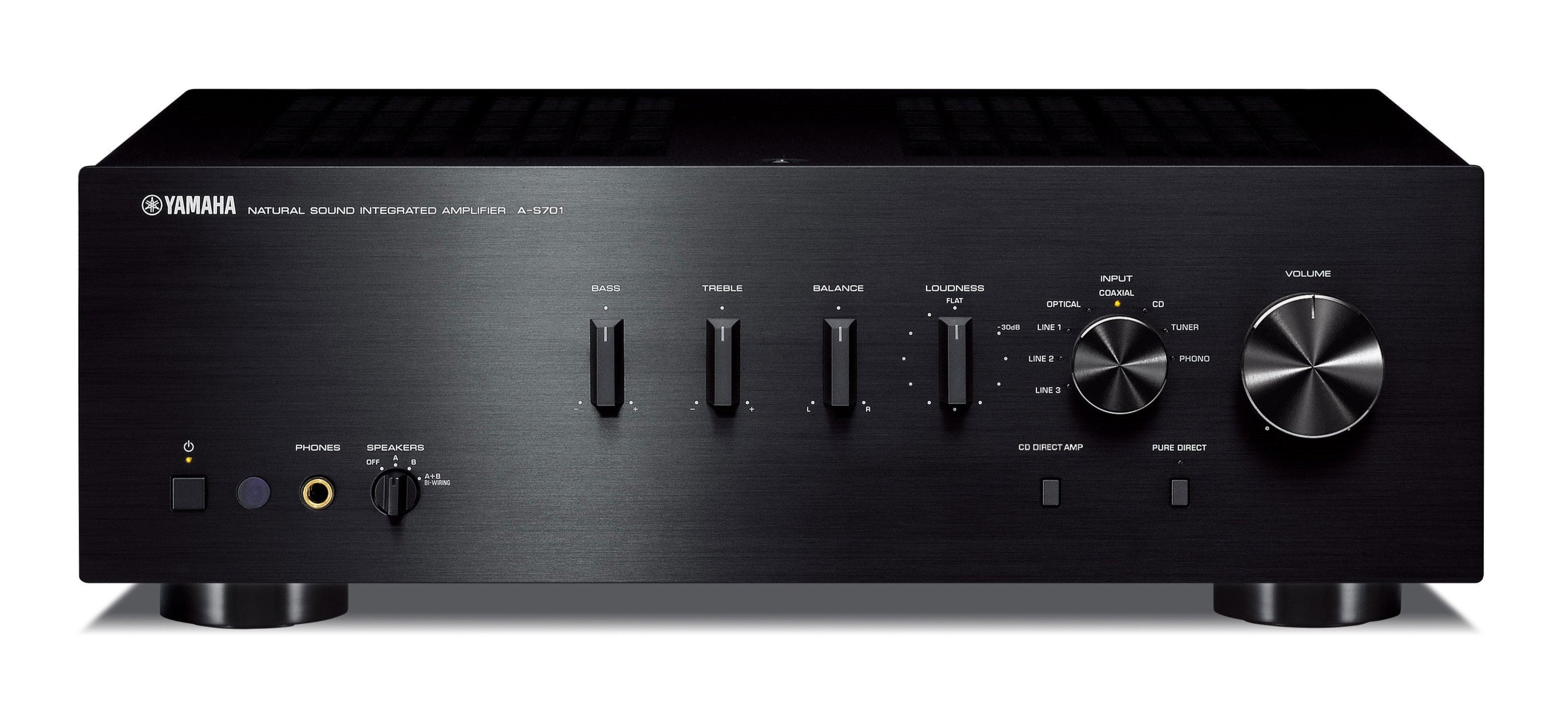 Amplificator Yamaha A-S701 negru, vedere frontală, cu butoane pentru bas, treble, balance și volum.#color_black