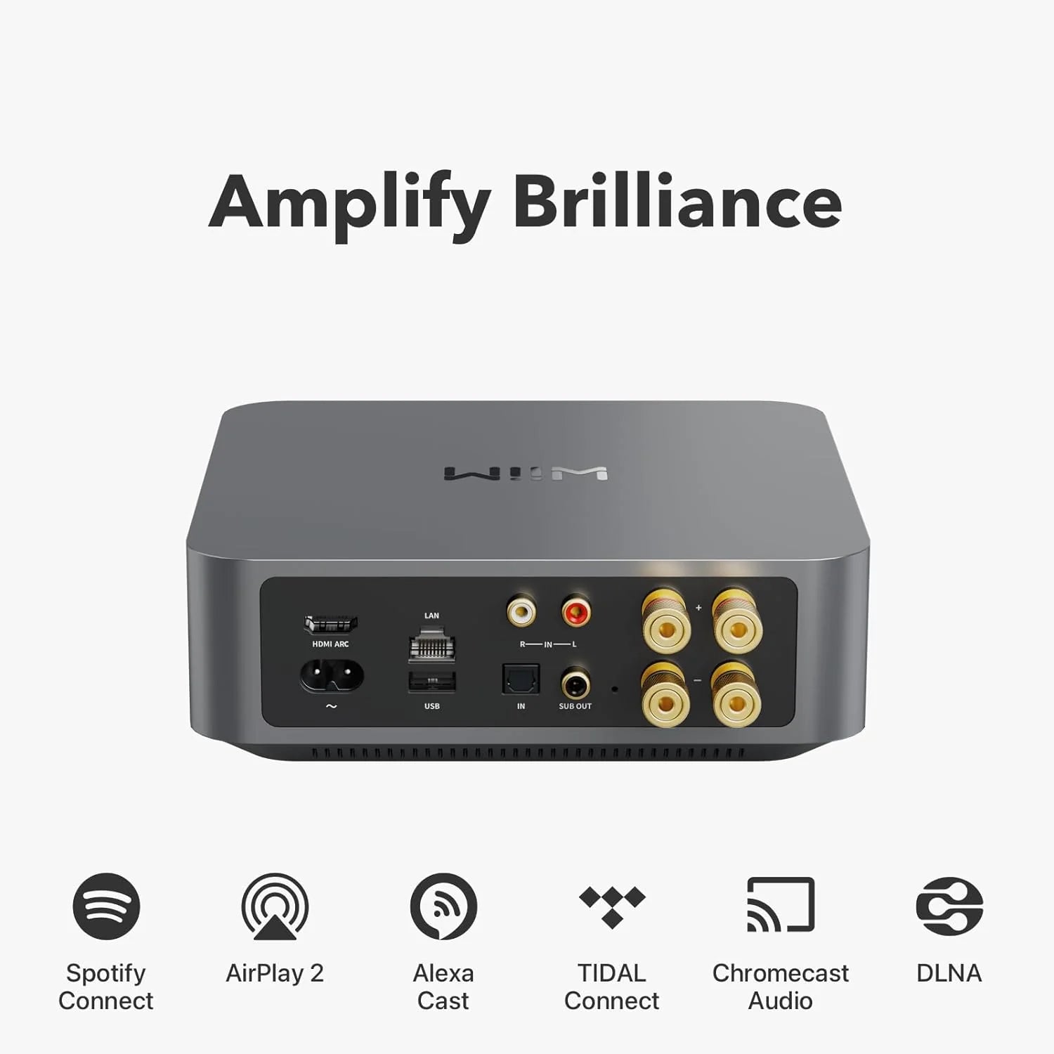 WiiM AMP Amplificator Stereo cu streaming 60W, vedere spate, gri, porturi HDMI ARC, LAN, USB, RCA.