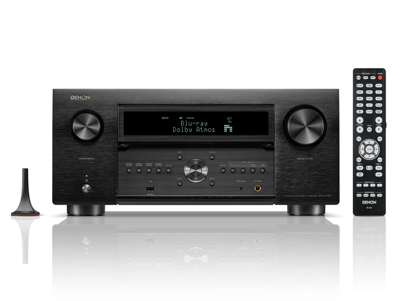 Receiver AV Denon AVC-A10H negru, vedere frontală. Afișaj Dolby Atmos, butoane de control și telecomandă.