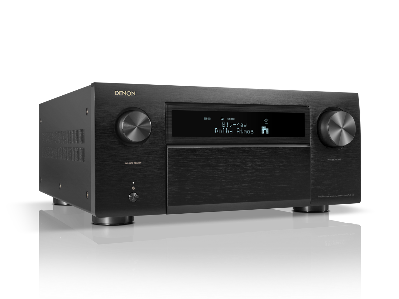 Receiver AV Denon AVC-A10H, vedere din față, culoare neagră, afișaj activ, butoane mari de control.