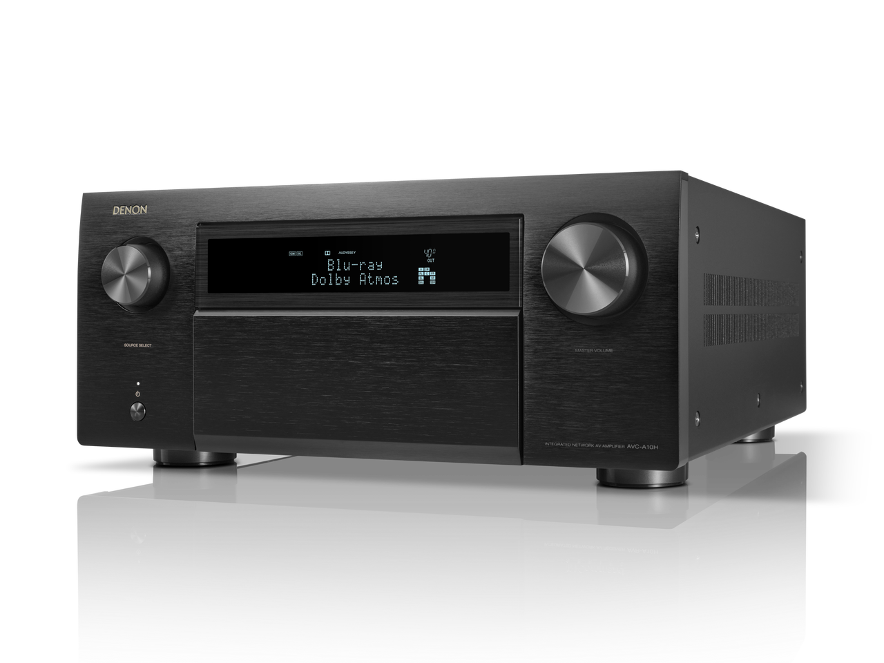 Receiver AV Denon AVC-A10H, vedere frontală, negru, afișaj activ Blu-ray și Dolby Atmos, butoane mari.