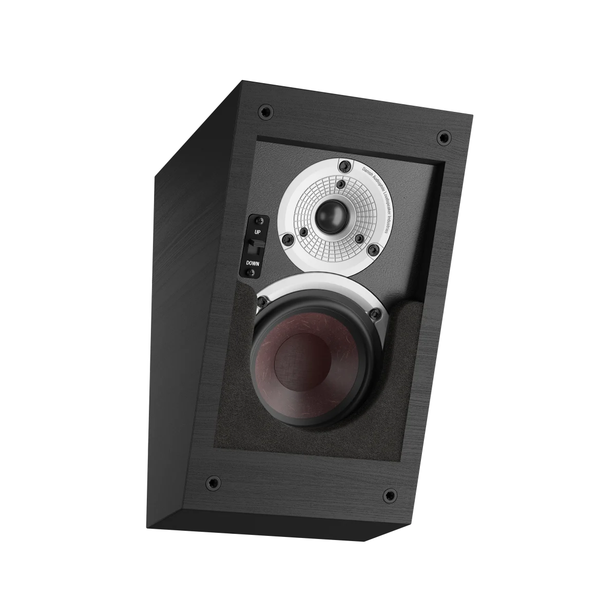 Boxa Dali ALTECO C-1, culoare negru, vedere frontală. Vizibile: tweeter, woofer și comutator UP/DOWN.#color_black-ash
