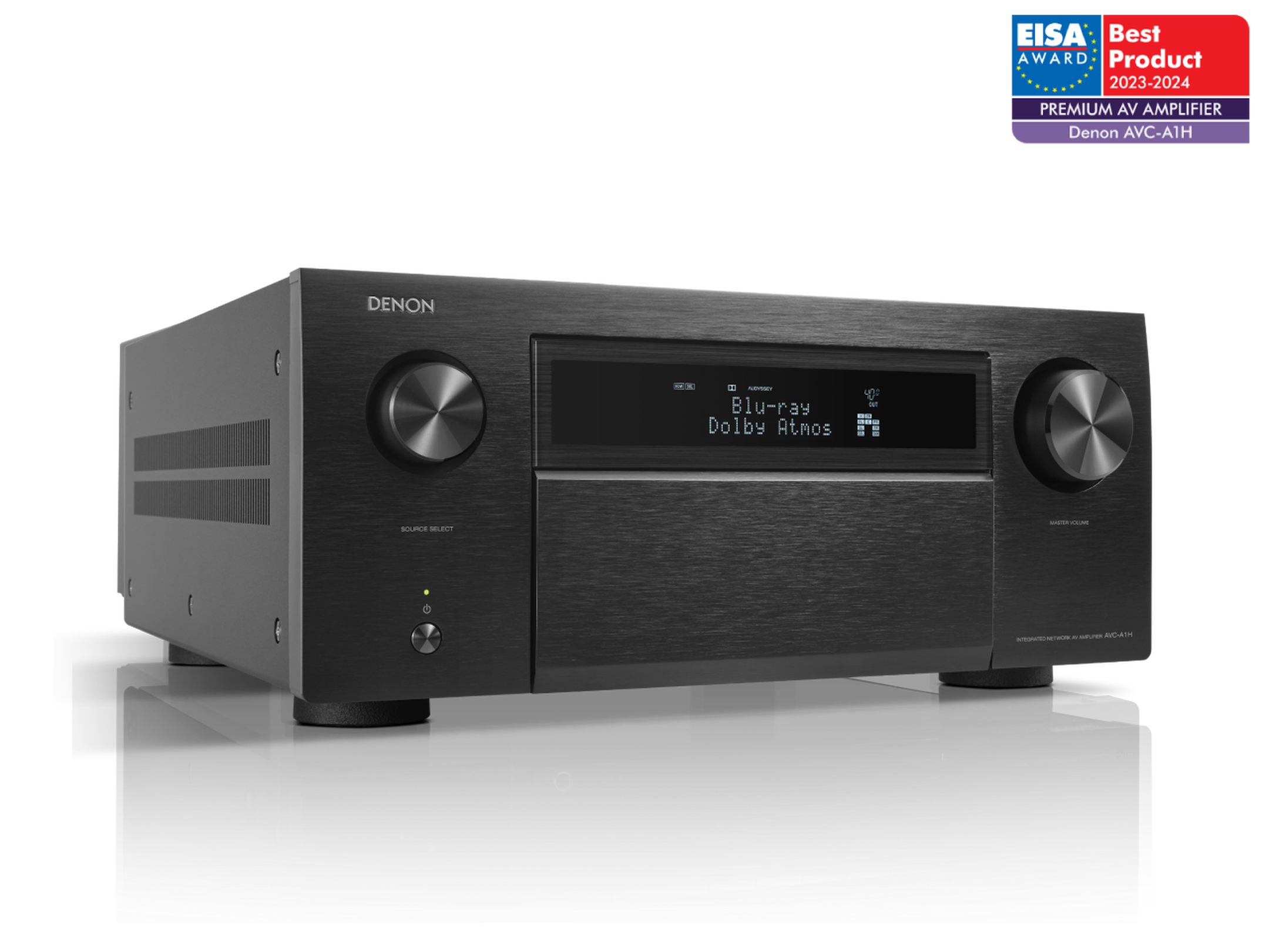 Receivor Denon AVC-A1H, vedere din față, negru, afișaj activ Dolby Atmos, butoane volum și selectare sursă.