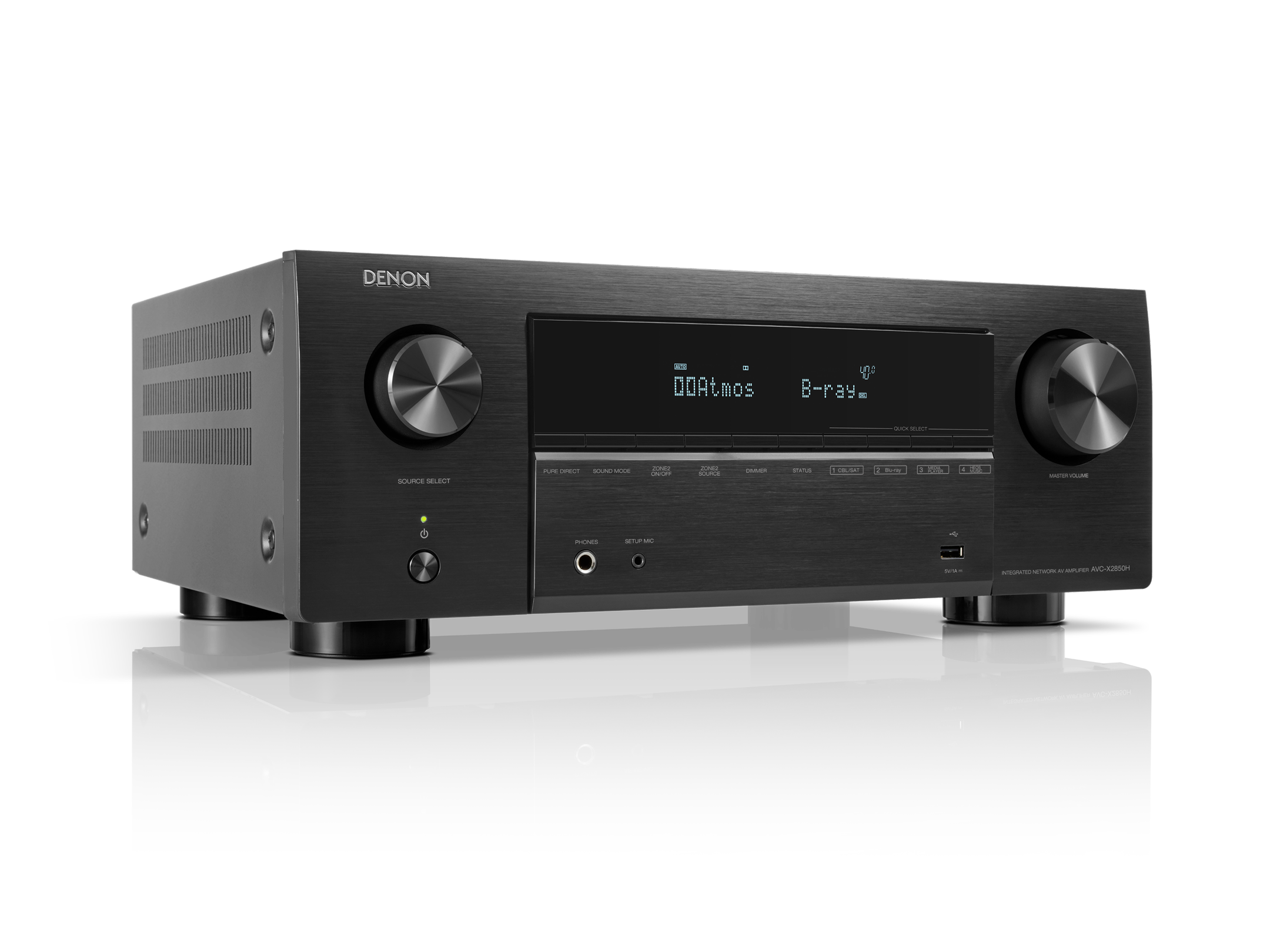 Amplificator AV Denon AVC-X2850H negru, vedere frontală stânga, afișaj activ, butoane și porturi vizibile.