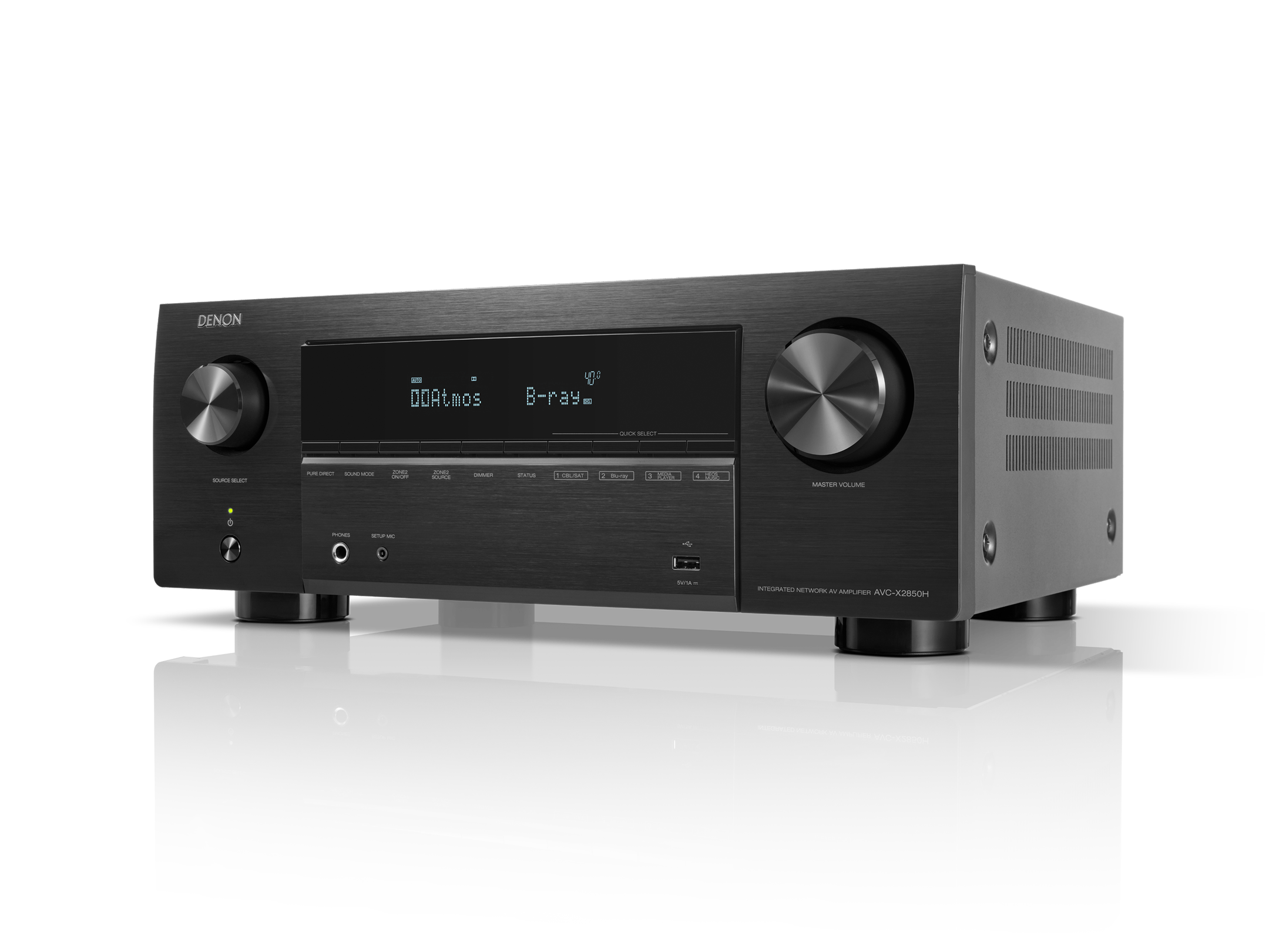 Amplificator AV Denon AVC-X2850H negru, vedere din dreapta-față, afișaj activ, butoane și porturi vizibile.