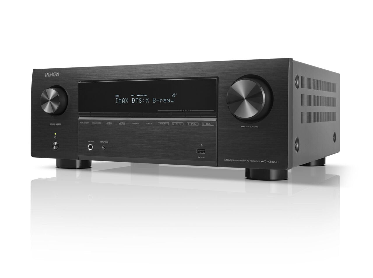 Receivator Denon AVC-X3800H, vedere din stânga, negru, afișaj IMAX DTS, butoane volum și selectare sursă.
