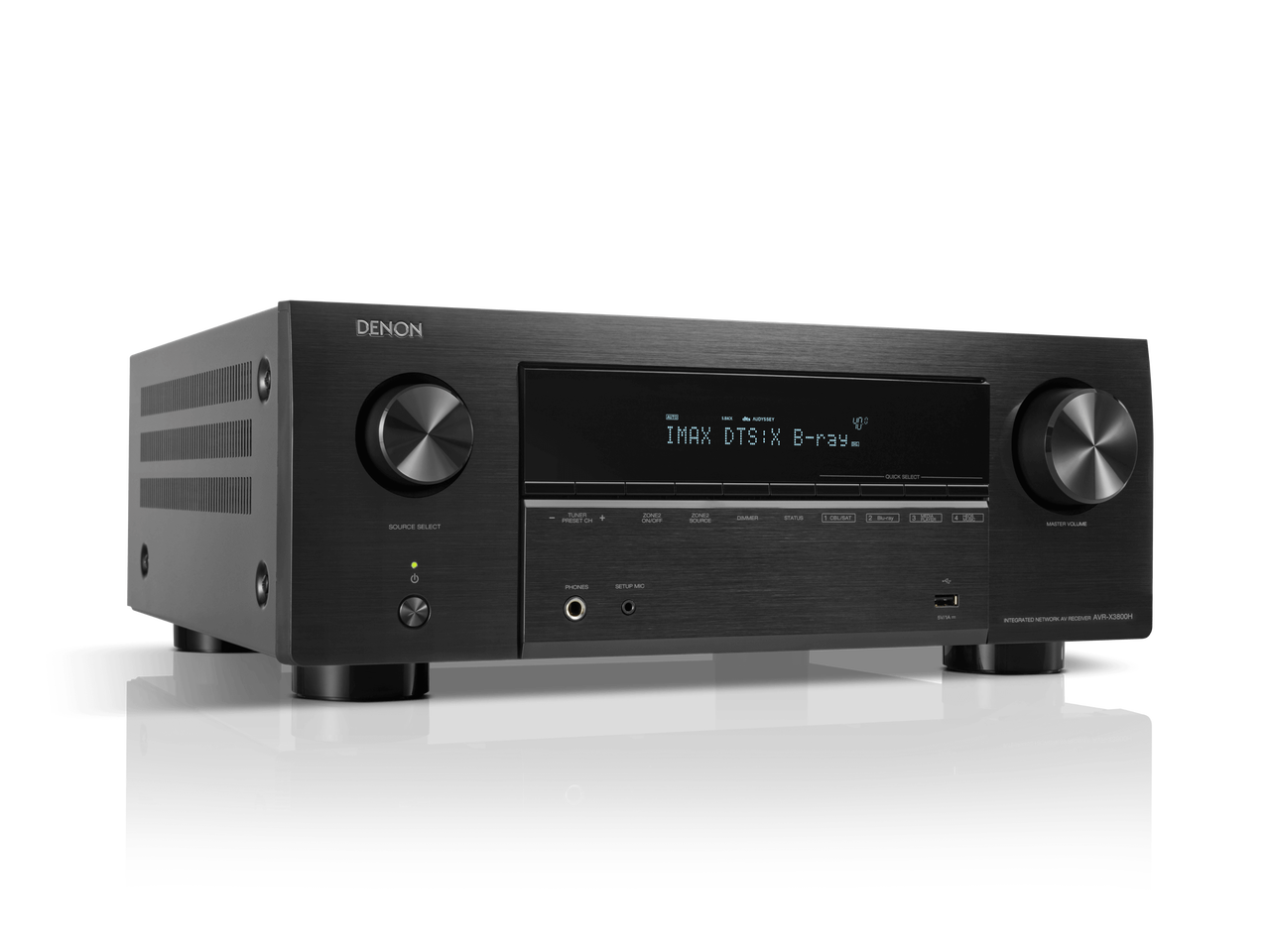 Receptor AV Denon AVC-X3800H, unghi lateral, negru, afișaj digital vizibil, butoane volum și sursă.