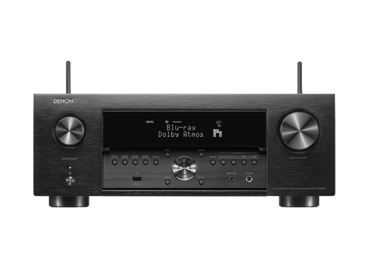 Receiver AV Denon AVC-X4800H, negru, vedere frontală, afișaj iluminat, butoane control vizibile.