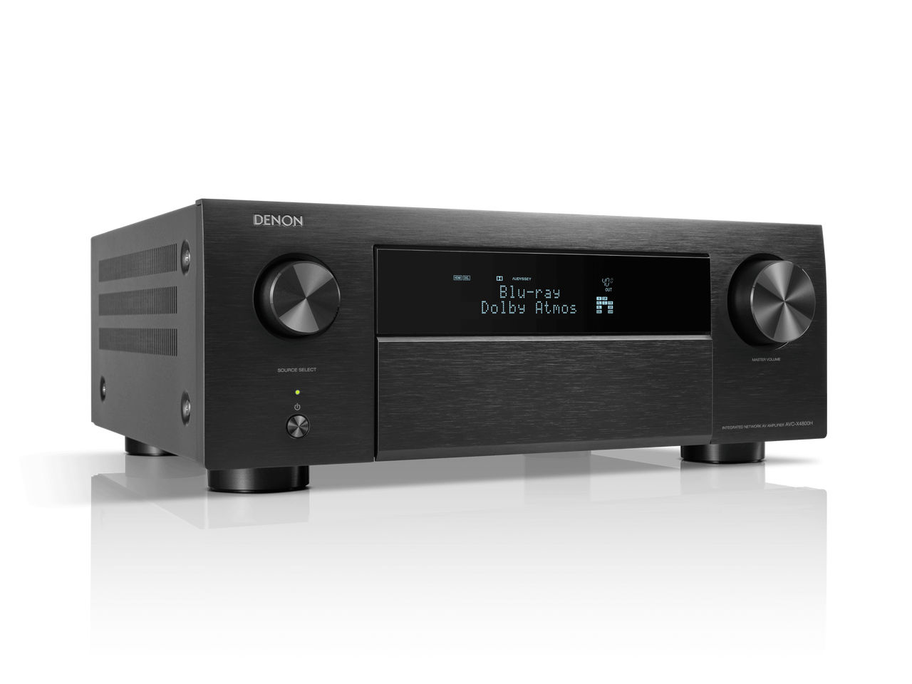 Receivor Denon AVC-X4800H, unghi lateral, negru, afișaj frontal activat, butoane volum și sursă vizibile.