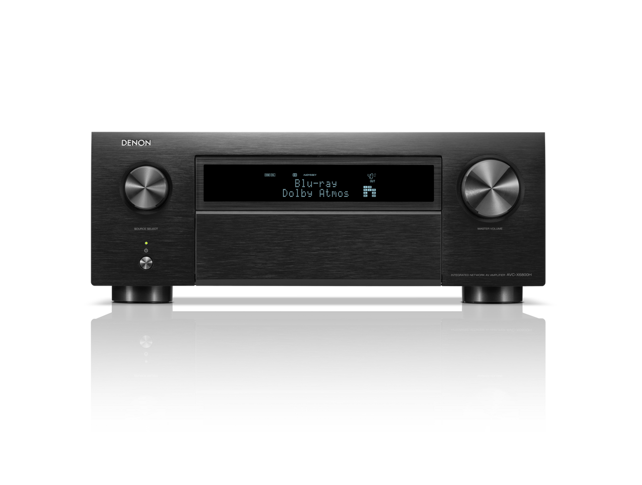 Receiver AV Denon AVC-X6800H, vedere frontală, culoare neagră, afișaj digital cu text "Dolby Atmos".