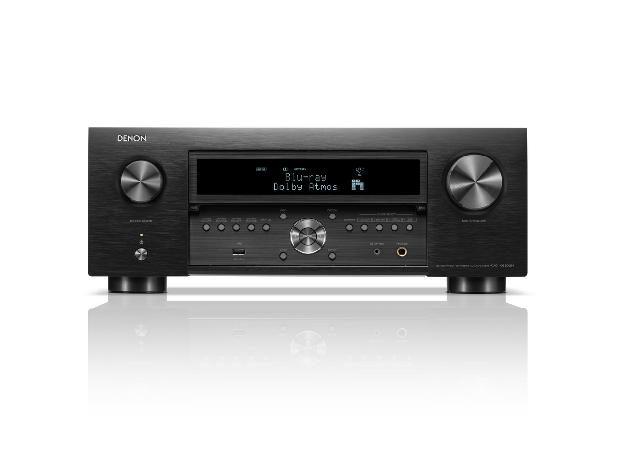 Receiver AV Denon AVC-X6800H, vedere frontală, negru, afișaj iluminat, butoane de control vizibile.