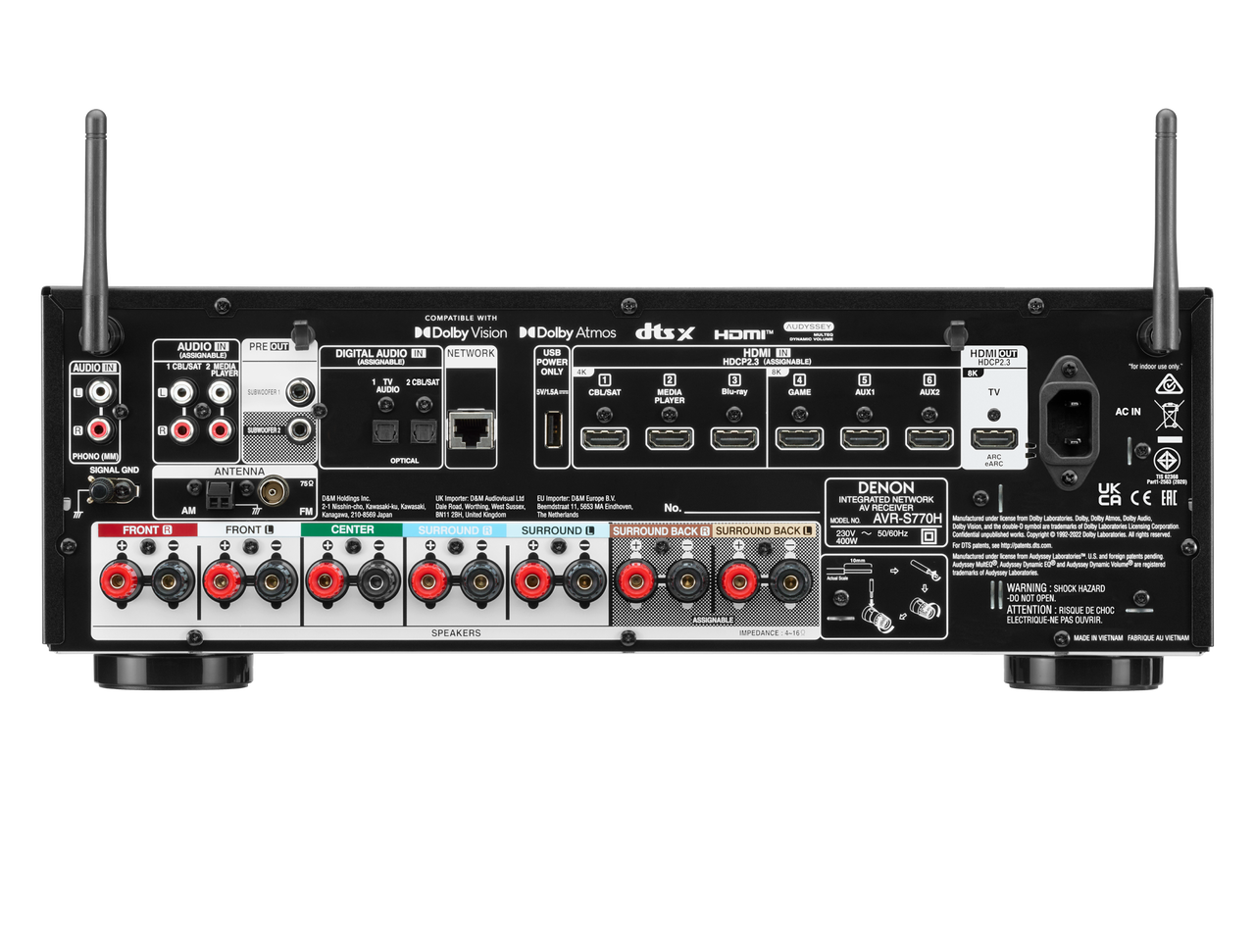 Denon AVR-S770H Receiver AV, vedere din spate, conectori HDMI, audio digital, intrări audio, antene.