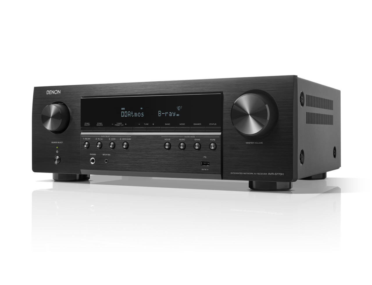 Receivatorul Denon AVR-S770H, vedere din stânga, negru, afișaj frontal cu butoane de control și volum.