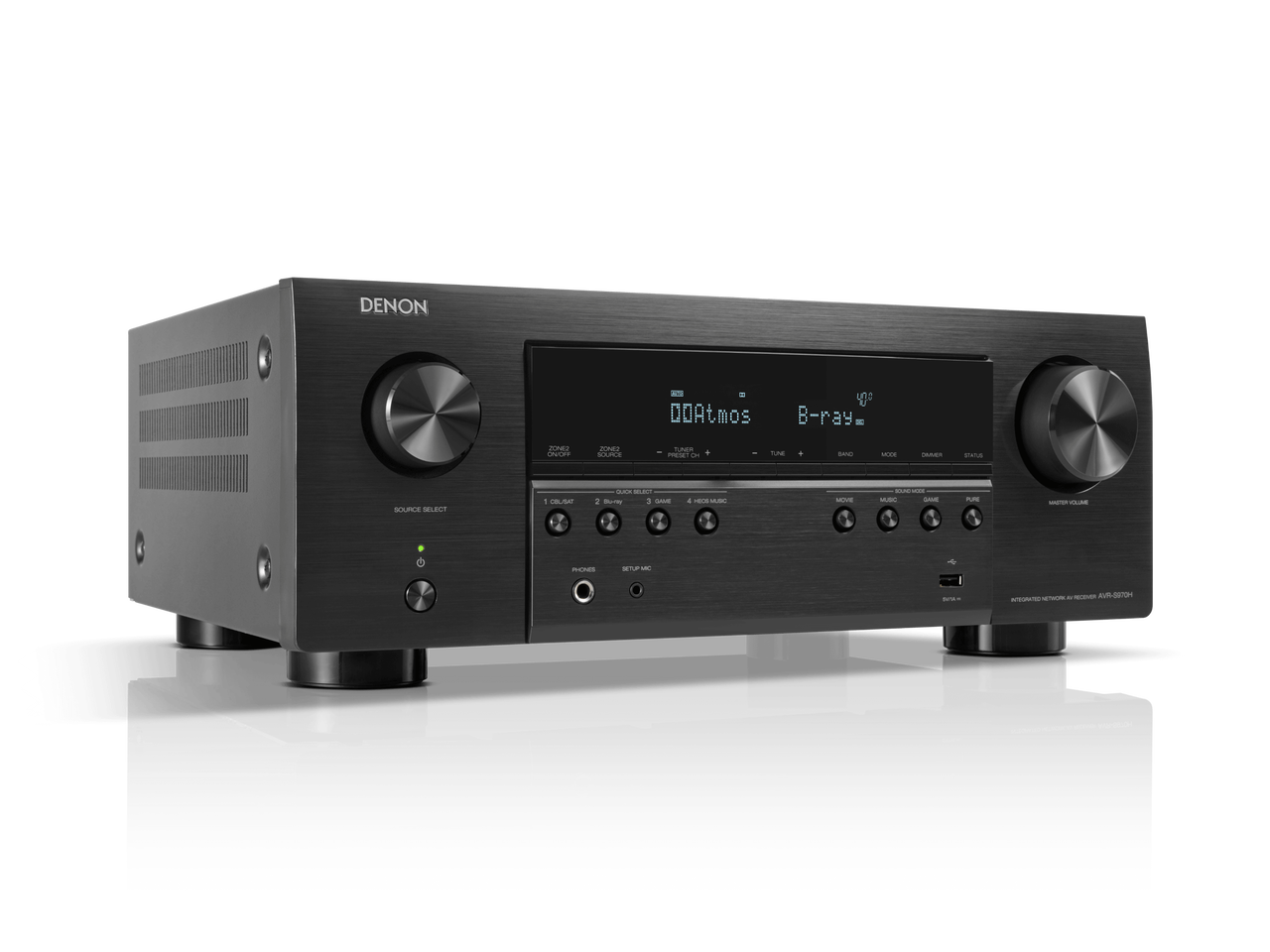 Receiver AV Denon AVR-S970H, unghi frontal stânga, culoare neagră, afișaj digital și butoane vizibile.