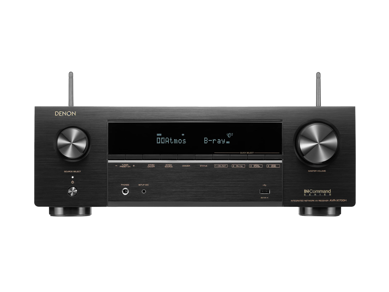 Receptor AV Denon AVR-X1700H, vedere frontală, negru, afișaj central cu text "Dolby Atmos", butoane volum și selectare sursă.