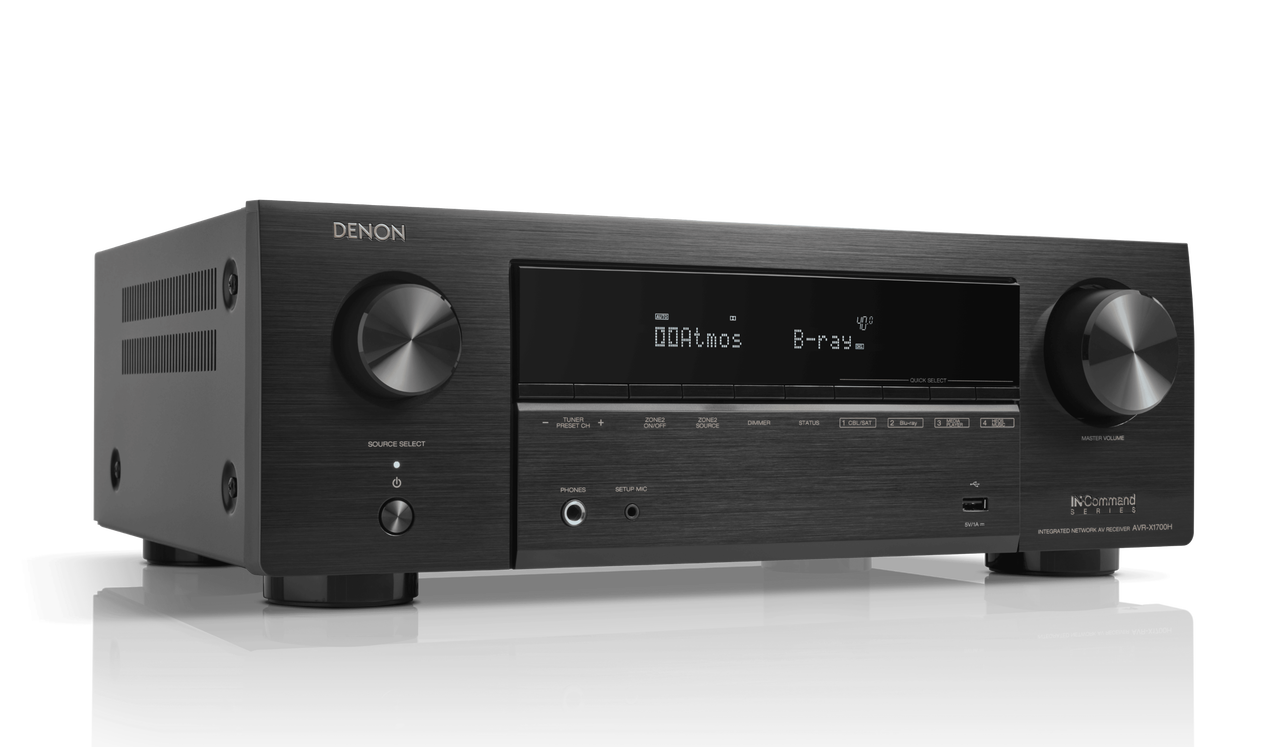 Receivor AV Denon AVR-X1700H, unghi lateral, negru, afișaj frontal cu butoane de control și porturi vizibile.