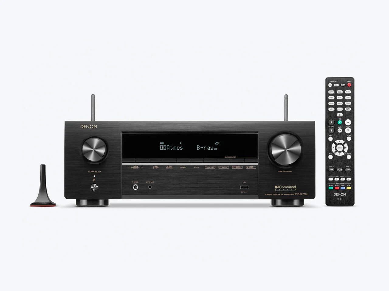 Receiver AV Denon AVR-X1700H, frontal, negru, cu afișaj digital, butoane volum mari, telecomandă inclusă.