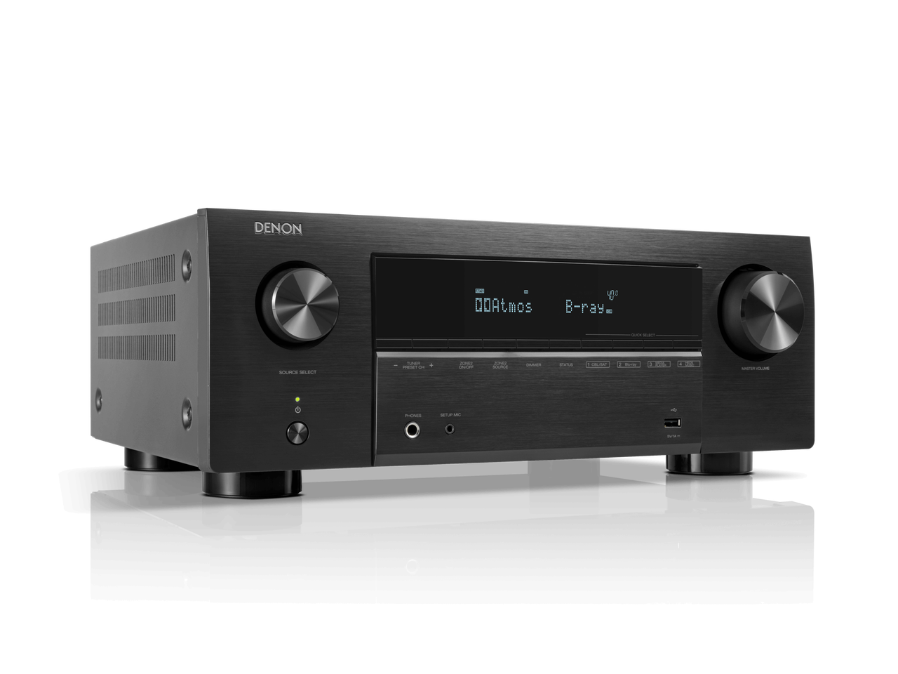 Receiver AV Denon AVR-X2800H, vedere frontală, negru, afișaj digital activ, butoane volum și sursă.