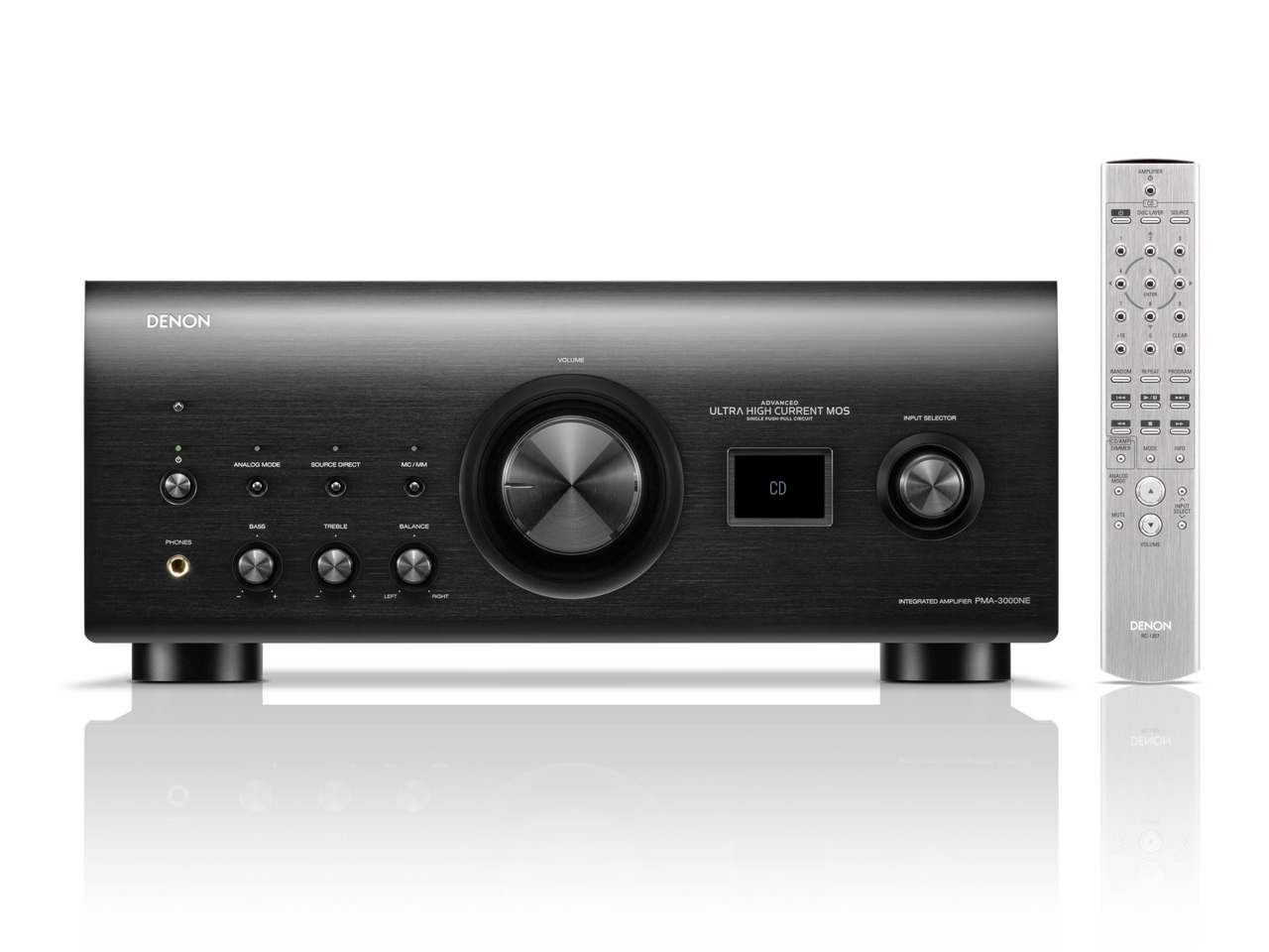 Amplificator Denon PMA-3000NE negru, vedere frontală, butoane de volum și control, afișaj CD, telecomandă.#color_black