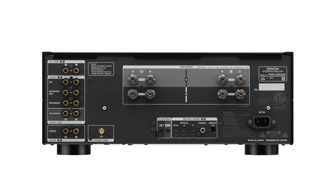 Spatele amplificatorului Denon PMA-3000NE, conexiuni audio, intrări digitale, ieșiri pentru boxe.