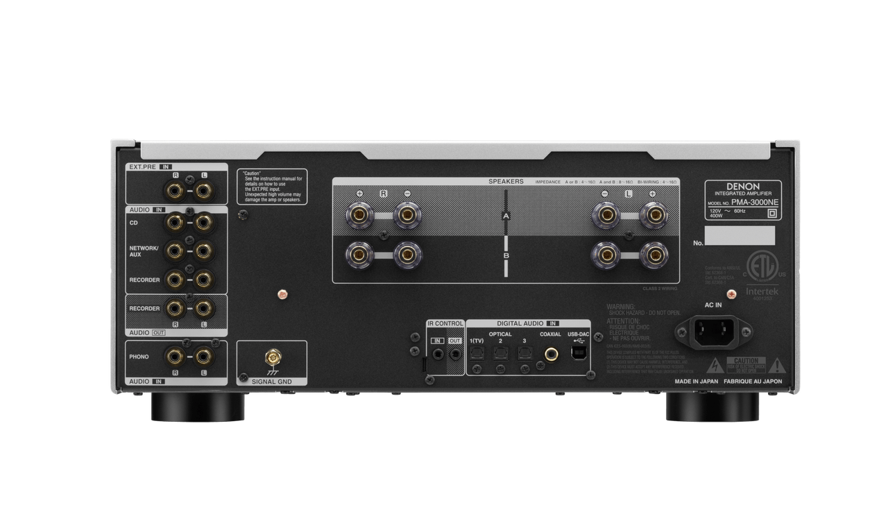 Spatele amplificatorului Denon PMA-3000NE, negru, cu conexiuni audio digitale și analogice, intrări CD și AUX.