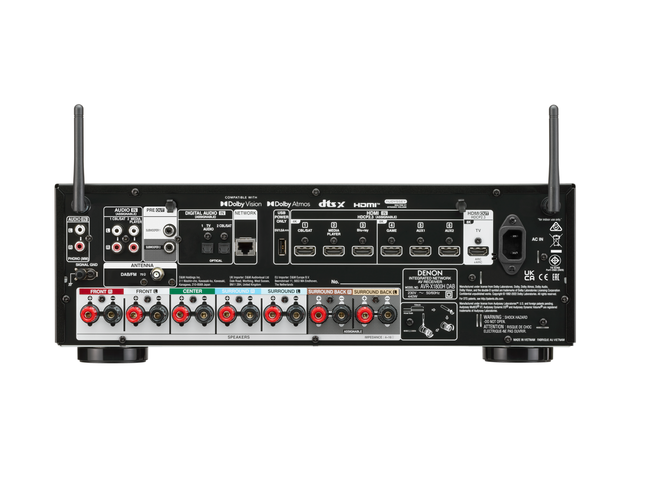 Spate Denon AVR-X1800H DAB Receiver, porturi HDMI, conexiuni audio, antene laterale, culoare neagră.