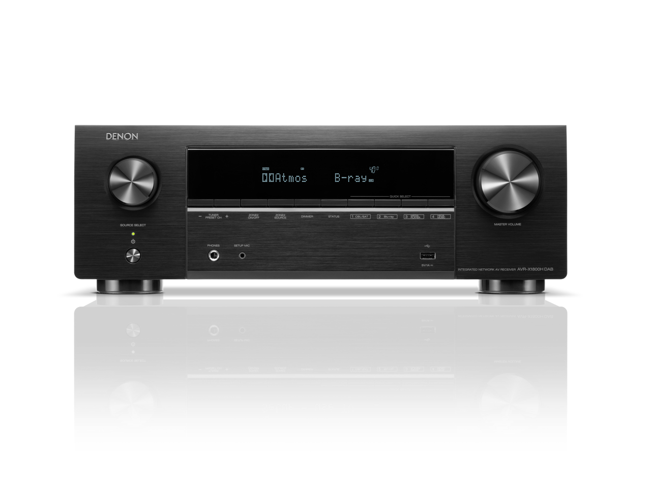 Receivator Denon AVR-X1800H DAB, negru, vedere frontală, afișaj digital, butoane volum și selecție sursă.