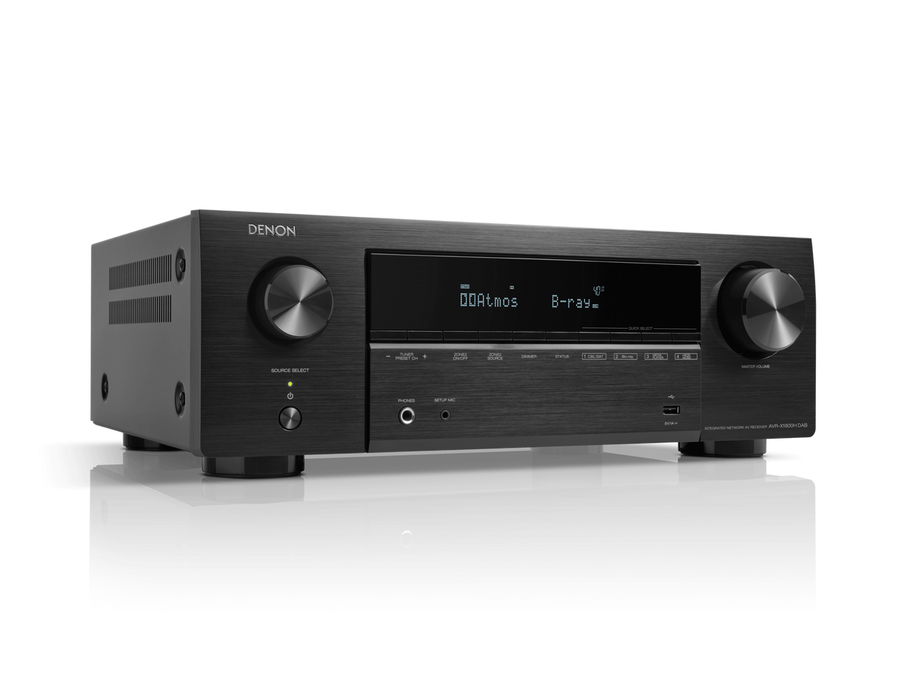 Receptor AV Denon AVR-X1800H DAB, vedere frontală, culoare neagră, afișaj digital, butoane de control.
