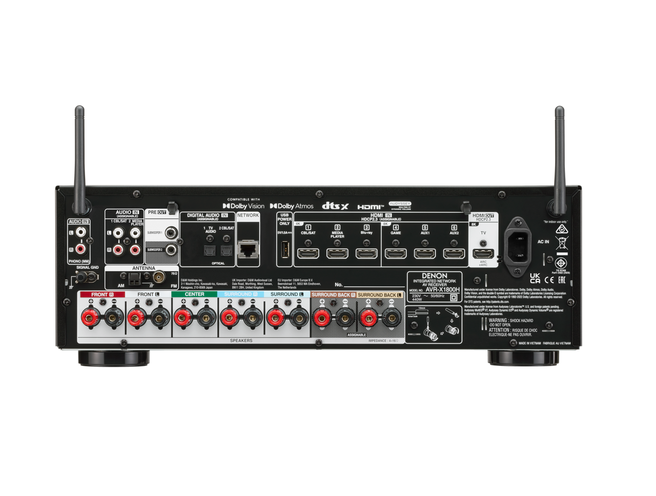 Denon AVR-X1800H, vedere spate, porturi HDMI, audio și rețea, conexiuni boxe, culoare negru.