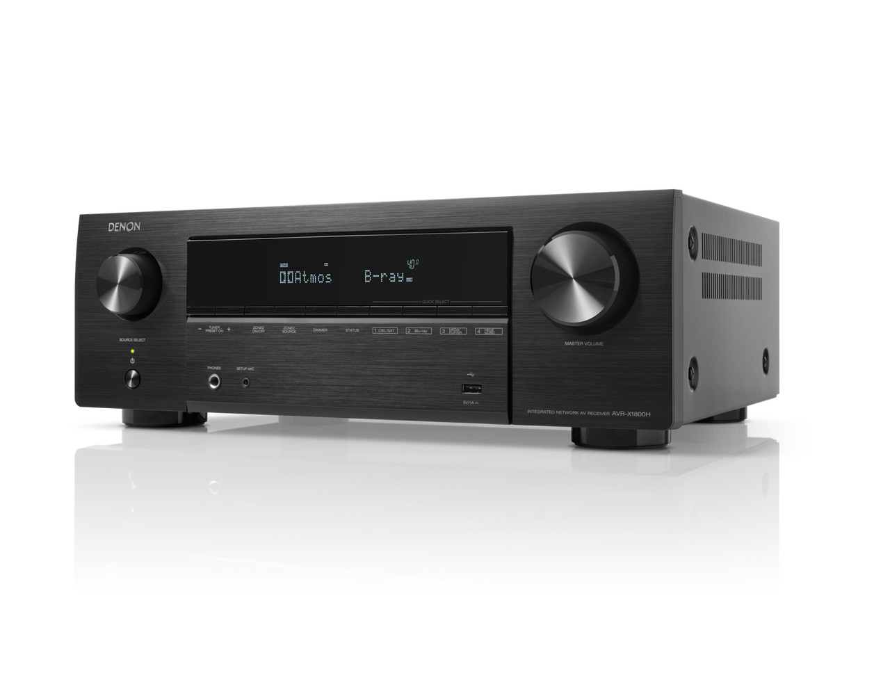 Denon AVR-X1800H Receiver AV, vedere frontală, culoare neagră, afișaj digital, butoane volum mari.