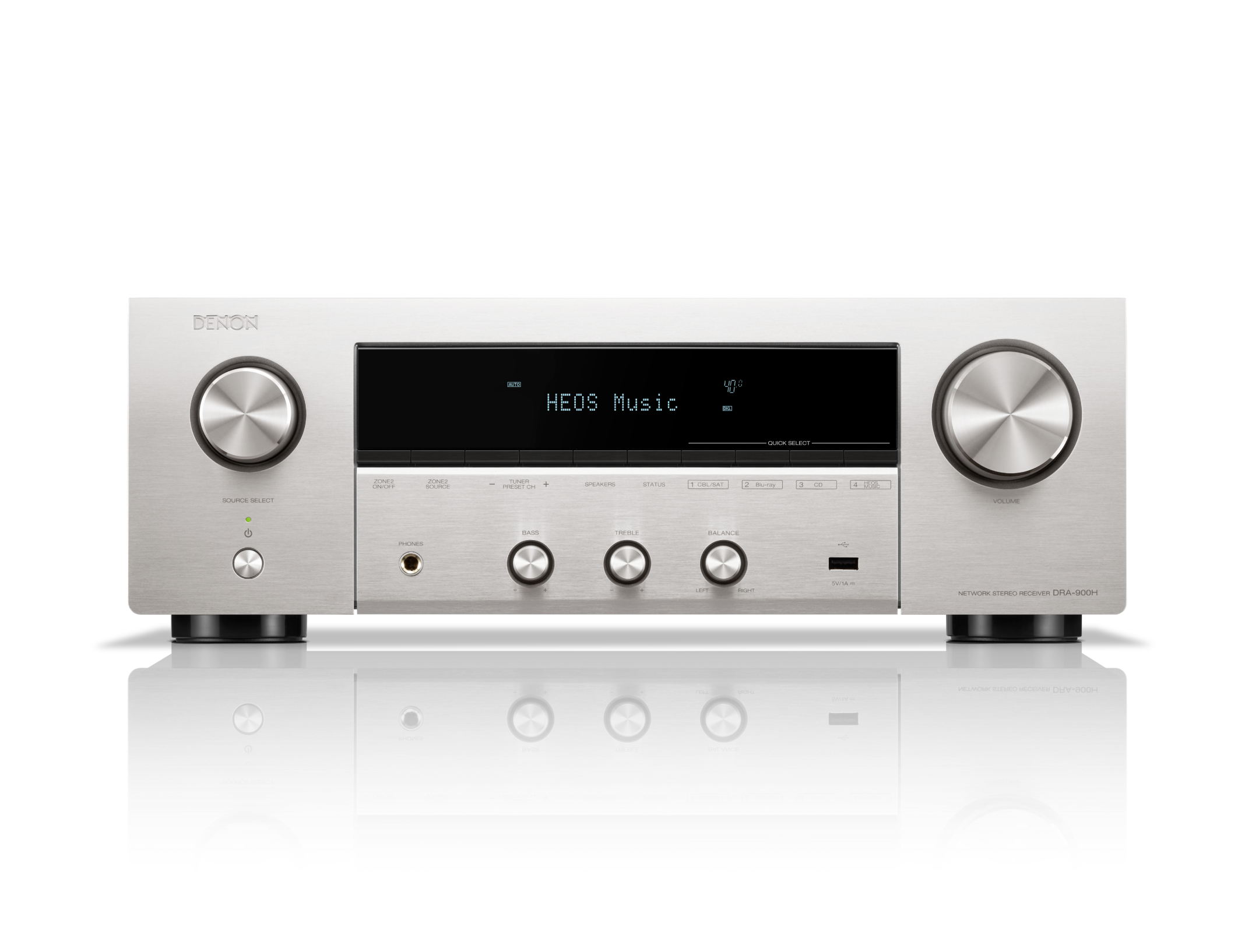 Receptor AV Denon DRA-900H, vedere frontală, argintiu, afișaj HEOS Music, butoane volum și selectare sursă.