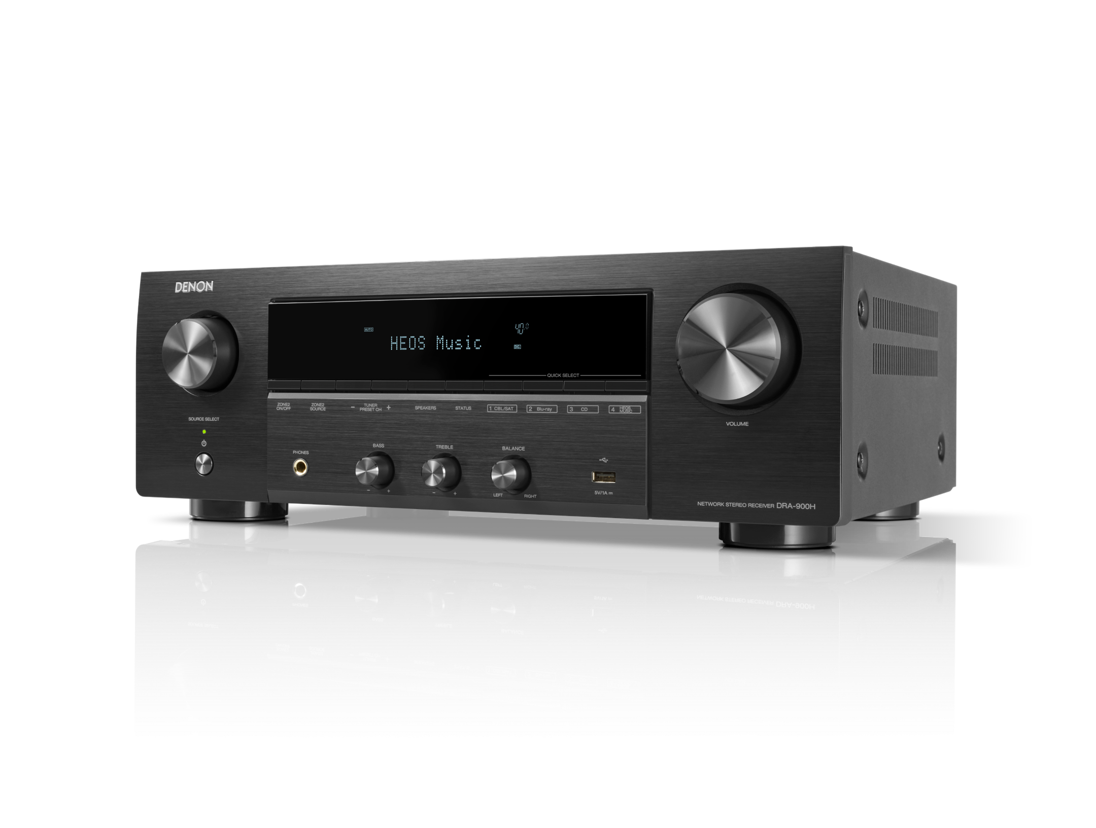 Receivor AV Denon DRA-900H, vedere frontală, negru, afișaj HEOS Music, butoane volum și control.