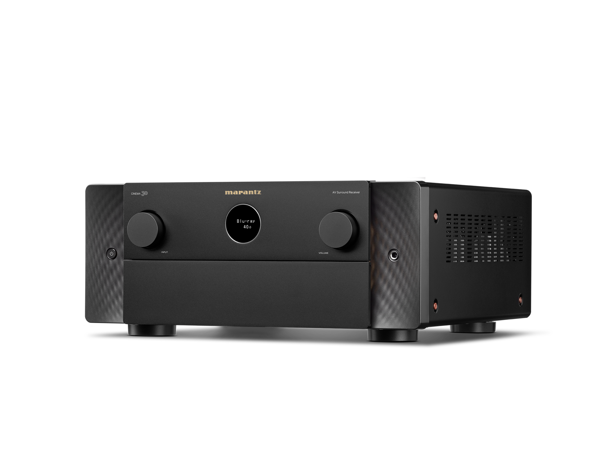 Receptor AV Marantz Cinema 30 negru, vedere din studio, unghi stânga, butoane de volum și intrare vizibile.