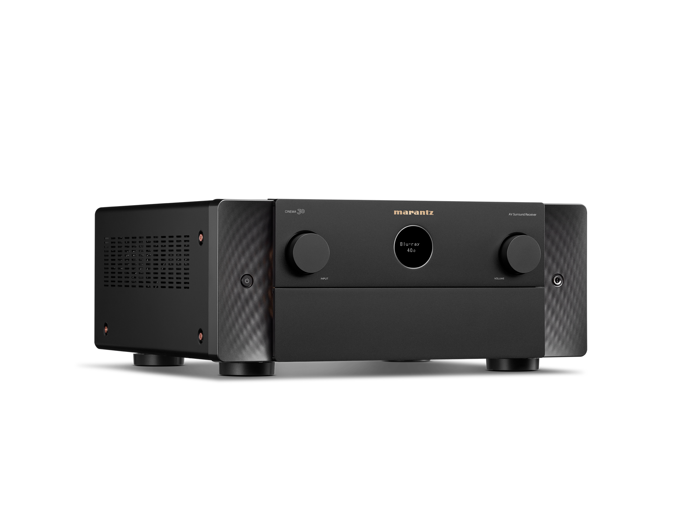 Receiver AV Marantz Cinema 30, negru, vedere din studio, unghi dreapta, butoane volum și input vizibile.