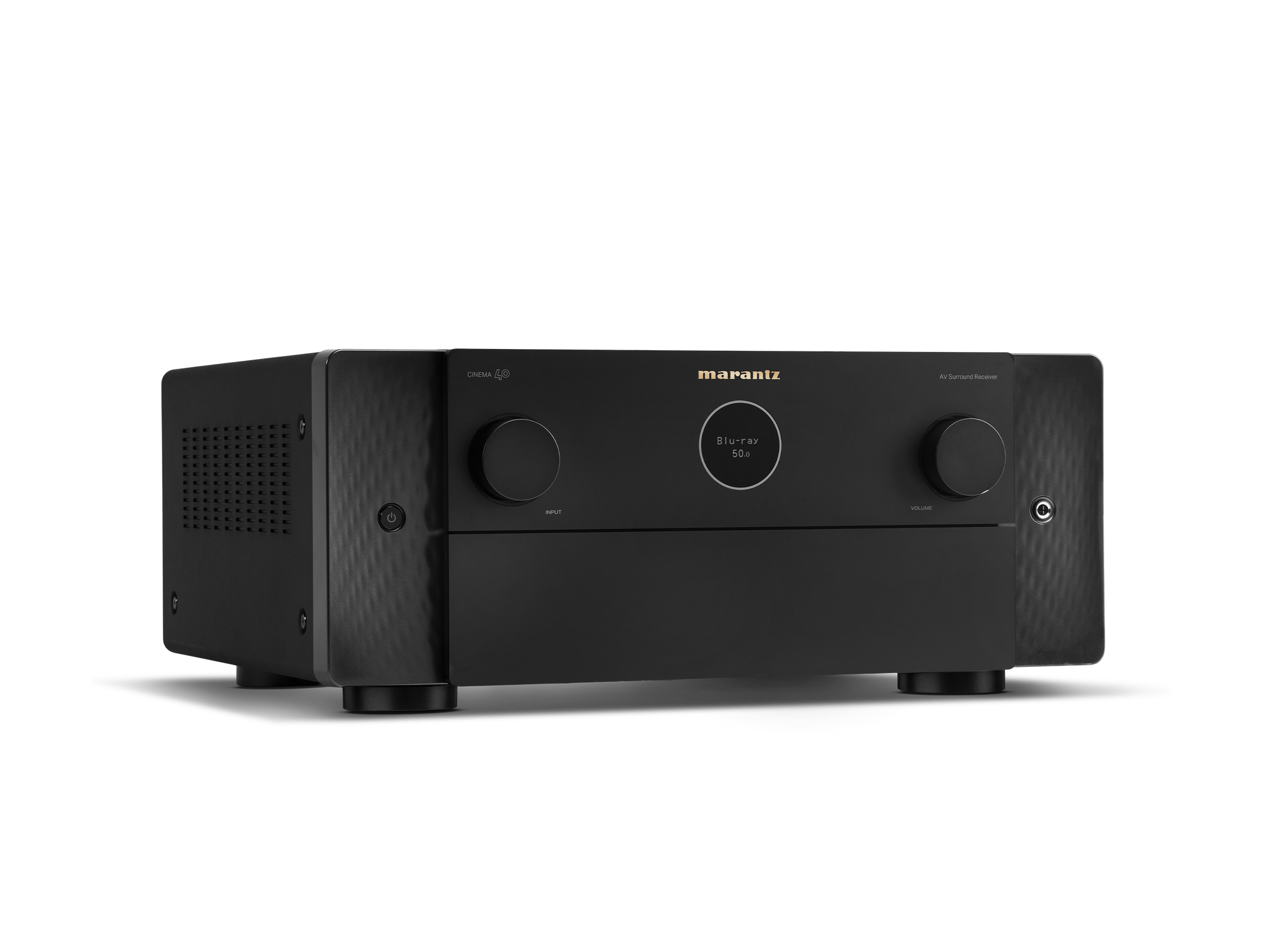 Receptor AV Marantz Cinema 40 negru, vedere din studio, unghi dreapta, butoane volum și intrare vizibile.