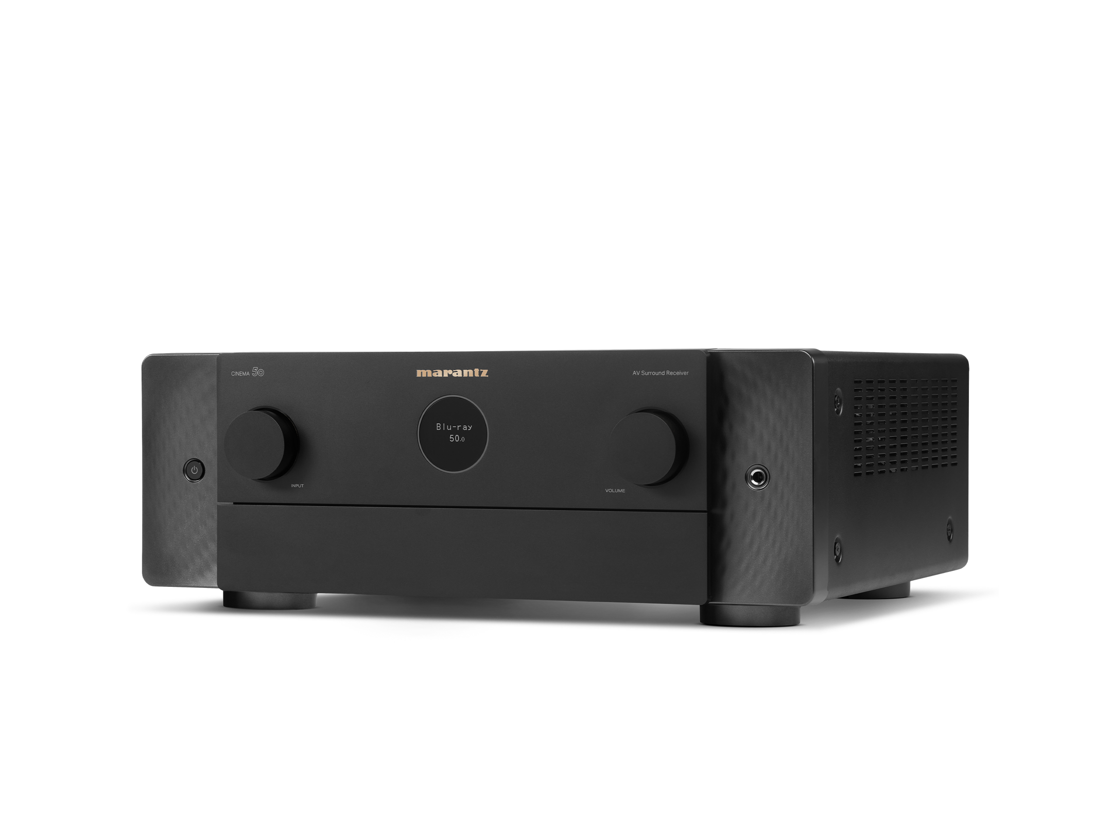 Receptor AV Marantz Cinema 50, negru, vedere din studio, orientare stânga, butoane volum și intrare vizibile.