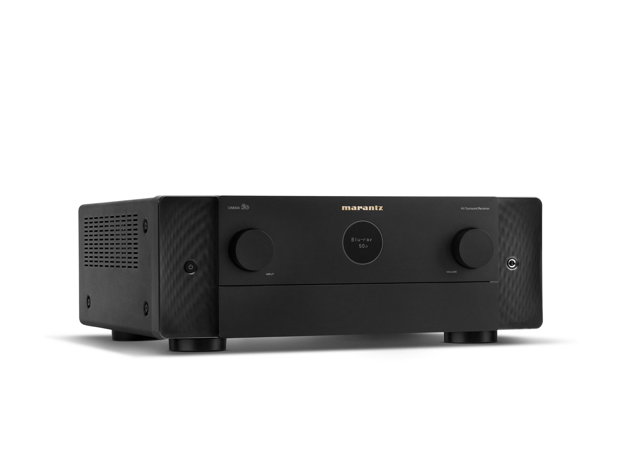 Receptor AV Marantz Cinema 50, negru, vedere din studio, unghi dreapta. Butoane volum și input vizibile.
