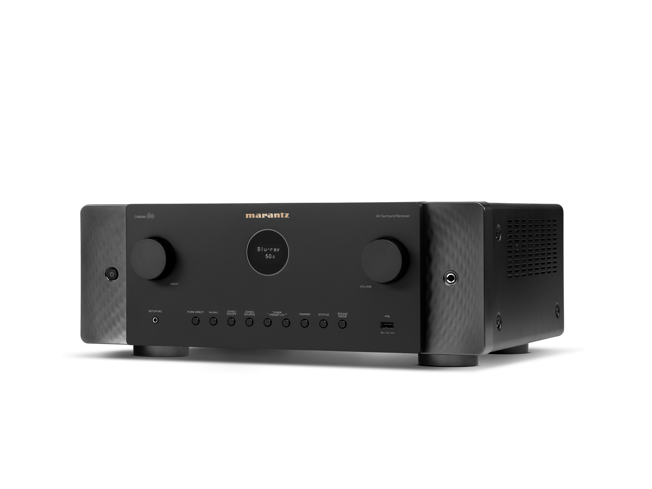 Receptor AV Marantz Cinema 60, negru, vedere din studio, orientare spre stânga, butoane frontale vizibile.
