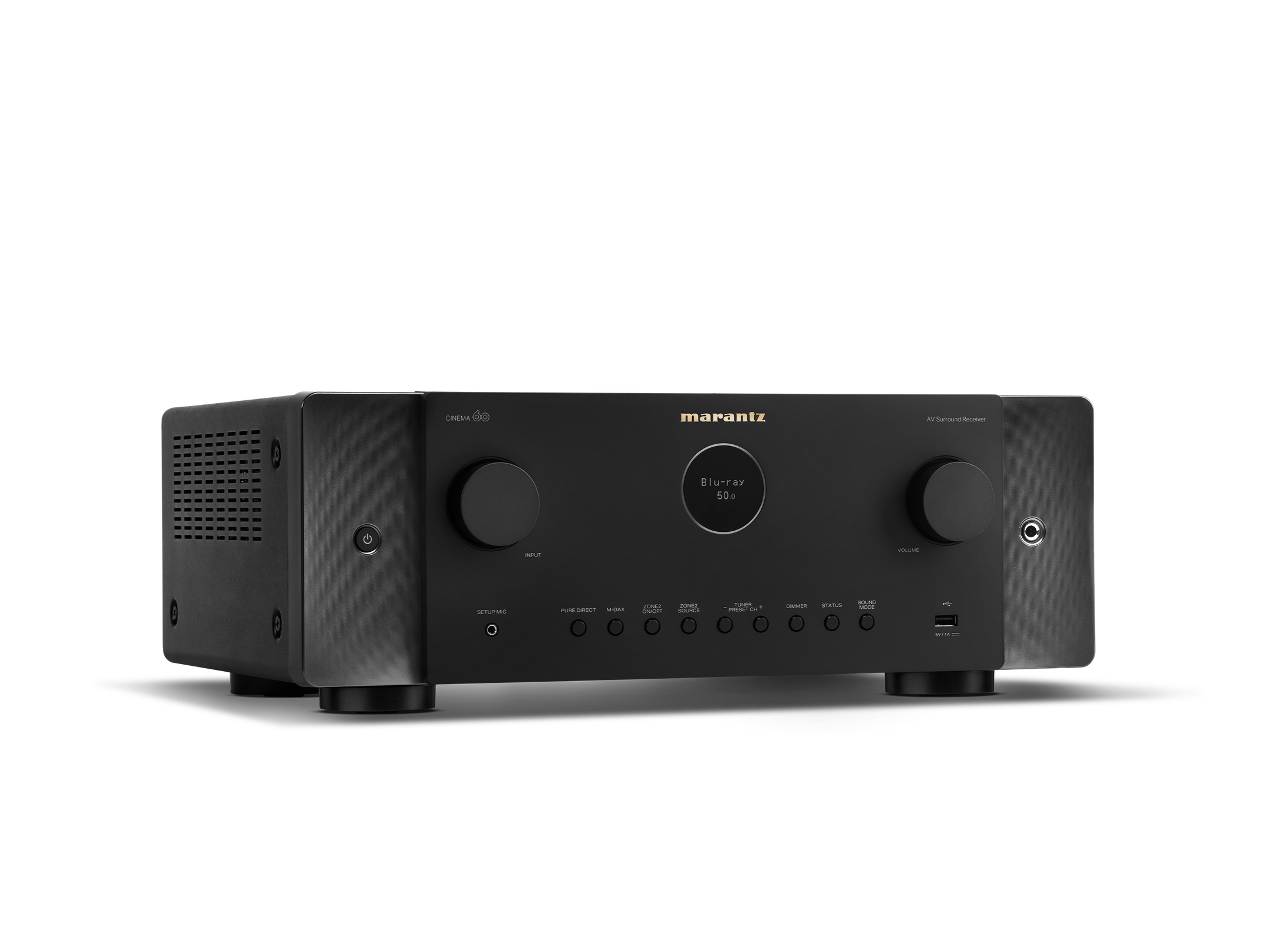 Receptor AV Marantz Cinema 60, negru, vedere din studio, unghi frontal dreapta, butoane și afișaj vizibile.