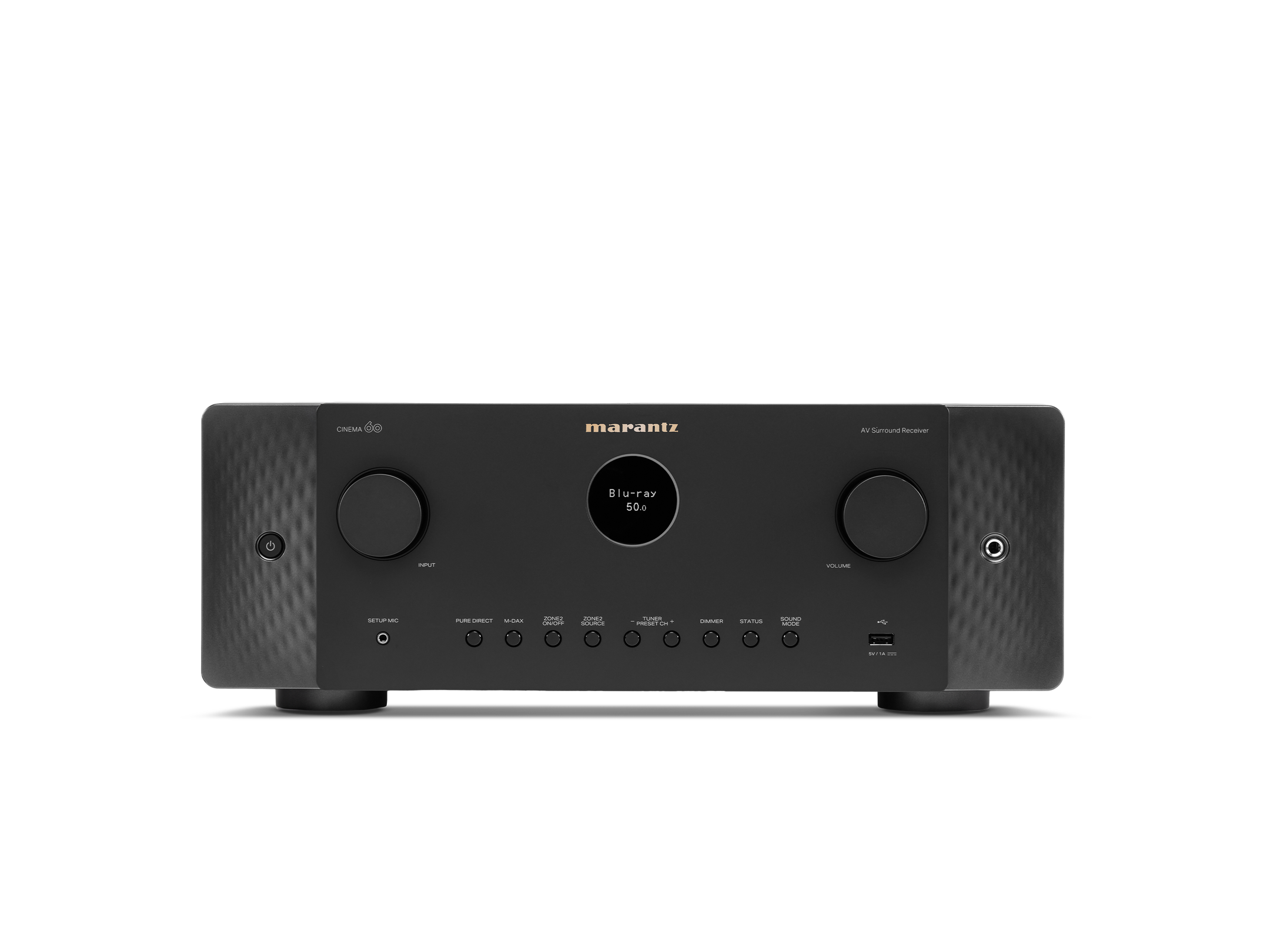 Receptor AV Marantz Cinema 60, vedere frontală, culoare neagră, afișaj central și butoane de control.