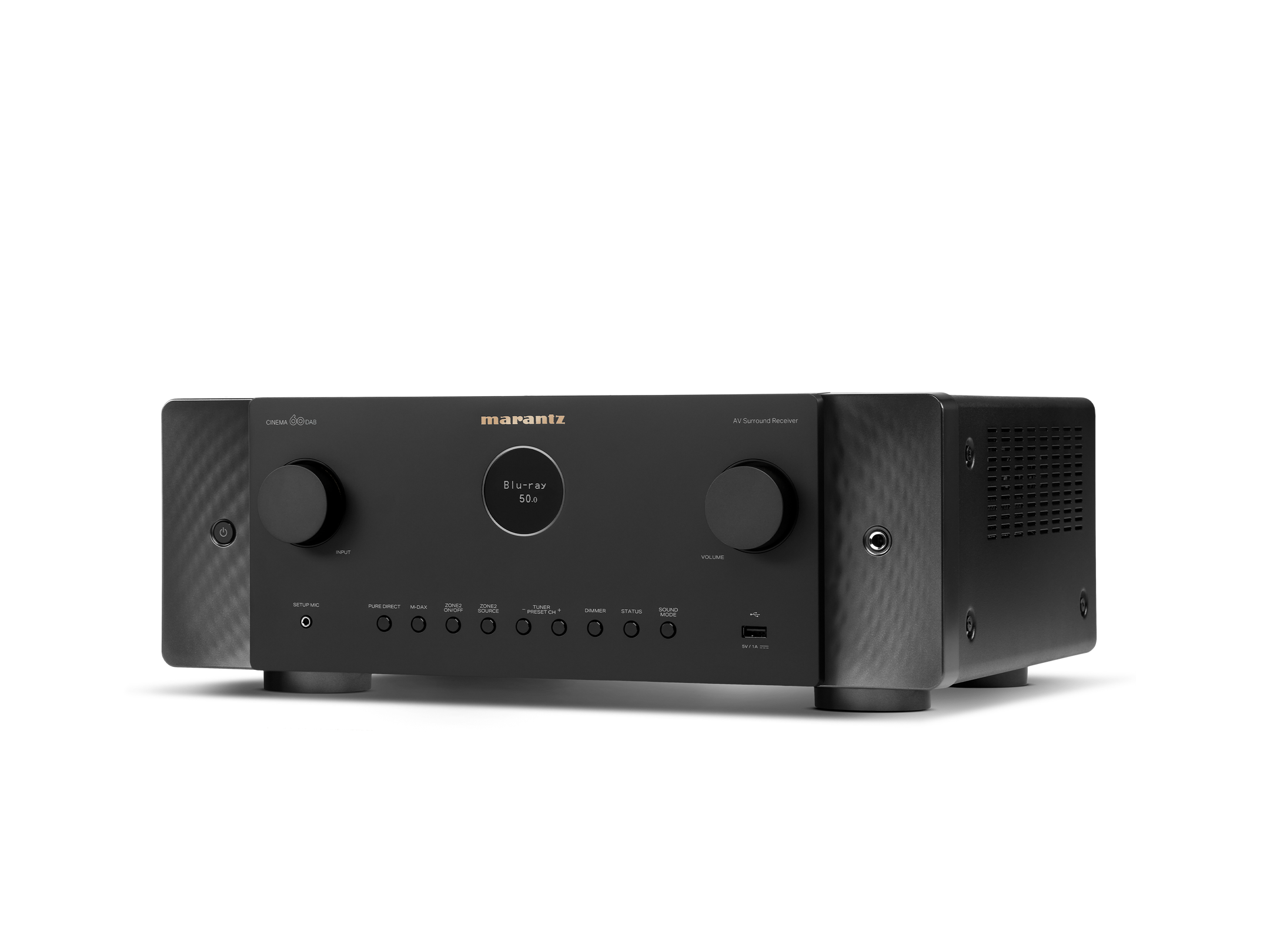 Receptor AV Marantz Cinema 60 DAB negru, vedere studio unghi stânga, butoane frontale și port USB vizibile.